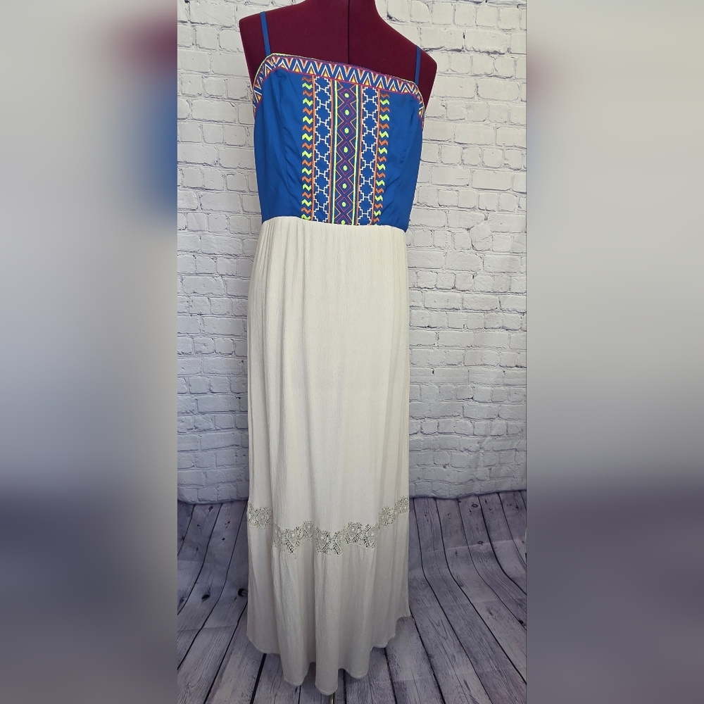 Flying Tomato Blue and Cream Embellished Maxi Dress